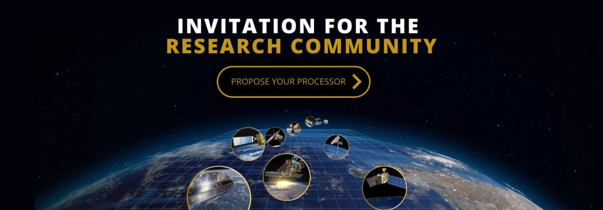 Banner including Heritage Missions satellites and a button inviting the research community to propose processors