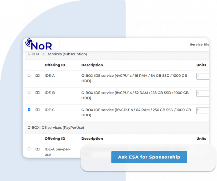 Screenshot of a the G-BOX service selected on the NoR portal