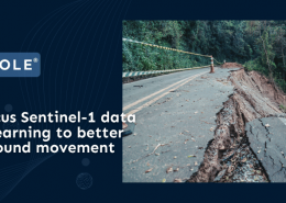 EarthConsole Stories banner about Copernicus Sentinel-1 satellite data and machine learning for ground movement monitoring, featuring a landslide-damaged forest road with cracked and collapsed asphalt.