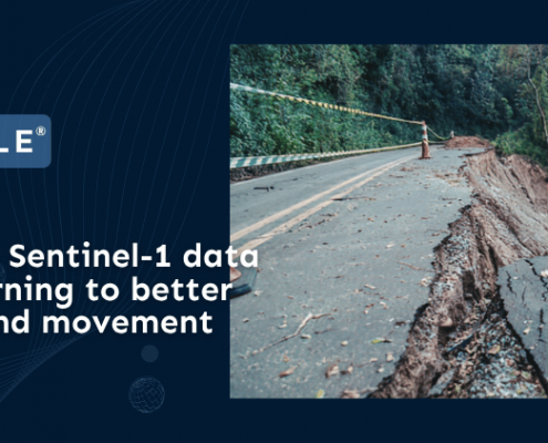 EarthConsole Stories banner about Copernicus Sentinel-1 satellite data and machine learning for ground movement monitoring, featuring a landslide-damaged forest road with cracked and collapsed asphalt.