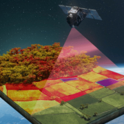 Illustration of the FLEX satellite observing forests and farmland above Earth