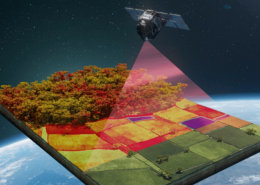 Illustration of the FLEX satellite observing forests and farmland above Earth