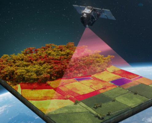Illustration of the FLEX satellite observing forests and farmland above Earth