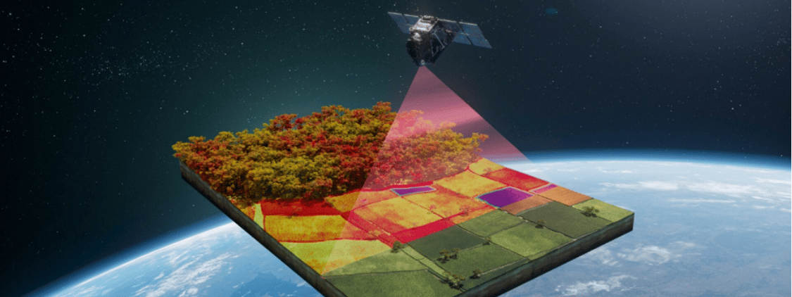 Illustration of the FLEX satellite observing forests and farmland above Earth