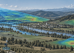 Satellite, drone and ground-based sensors collecting complementary measurements over a European river valley, with highlighted areas showing the different observation scales.