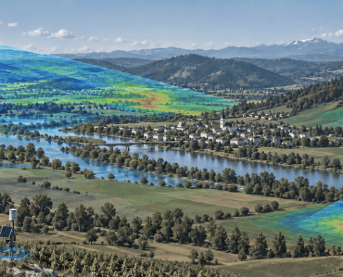 Satellite, drone and ground-based sensors collecting complementary measurements over a European river valley, with highlighted areas showing the different observation scales.