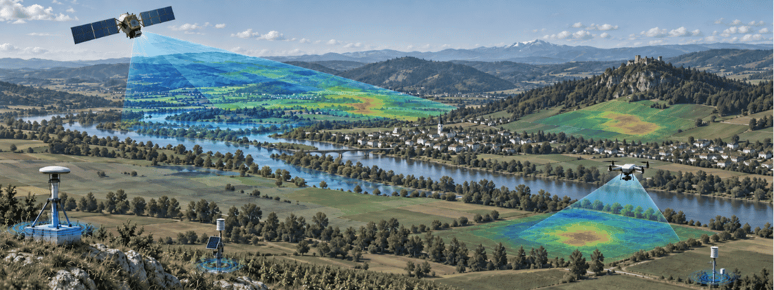 Satellite, drone and ground-based sensors collecting complementary measurements over a European river valley, with highlighted areas showing the different observation scales.