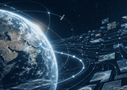Earth surrounded by layered satellite imagery and geospatial data, with a luminous path emerging through the complexity.