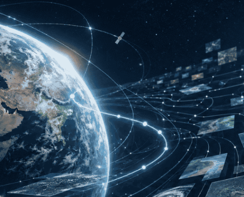 Earth surrounded by layered satellite imagery and geospatial data, with a luminous path emerging through the complexity.