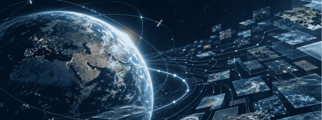 Earth surrounded by layered satellite imagery and geospatial data, with a luminous path emerging through the complexity.