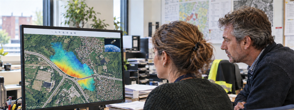 Two infrastructure managers examine an illustrative ground deformation map on a monitor, with a small satellite image in the corner.